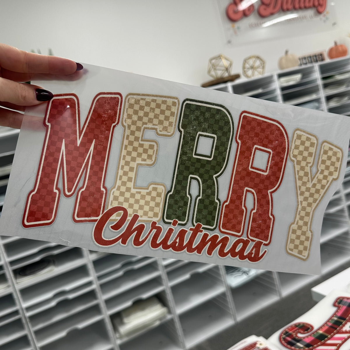 checker Merry Christmas clear film screen print