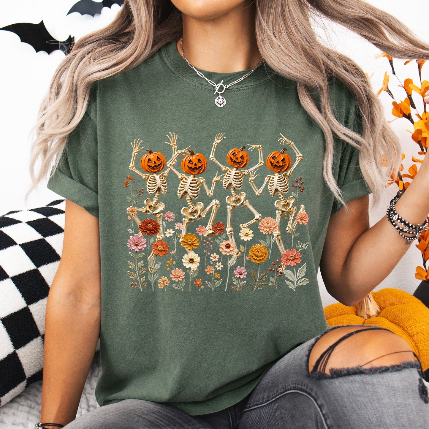 dancing skeletons fall floral clear film screen print