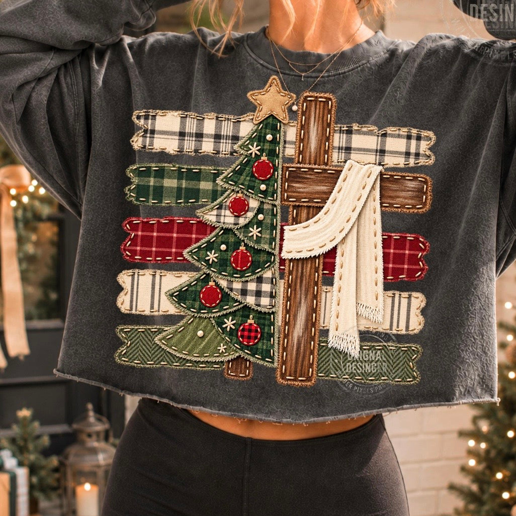 patchwork cross christmas tree clear film screen print