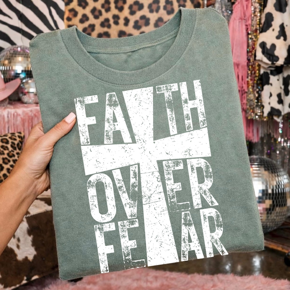 faith over fear cross screen print transfer•