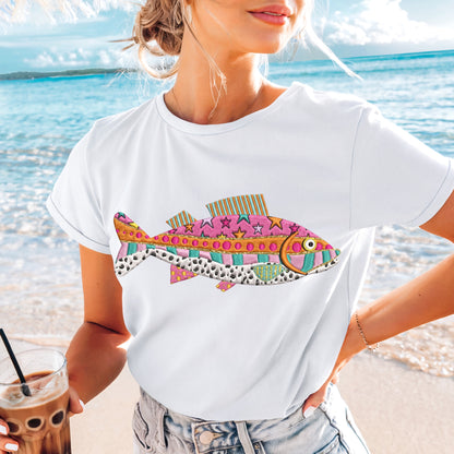 faux embrioidered  fish clear film screen print•