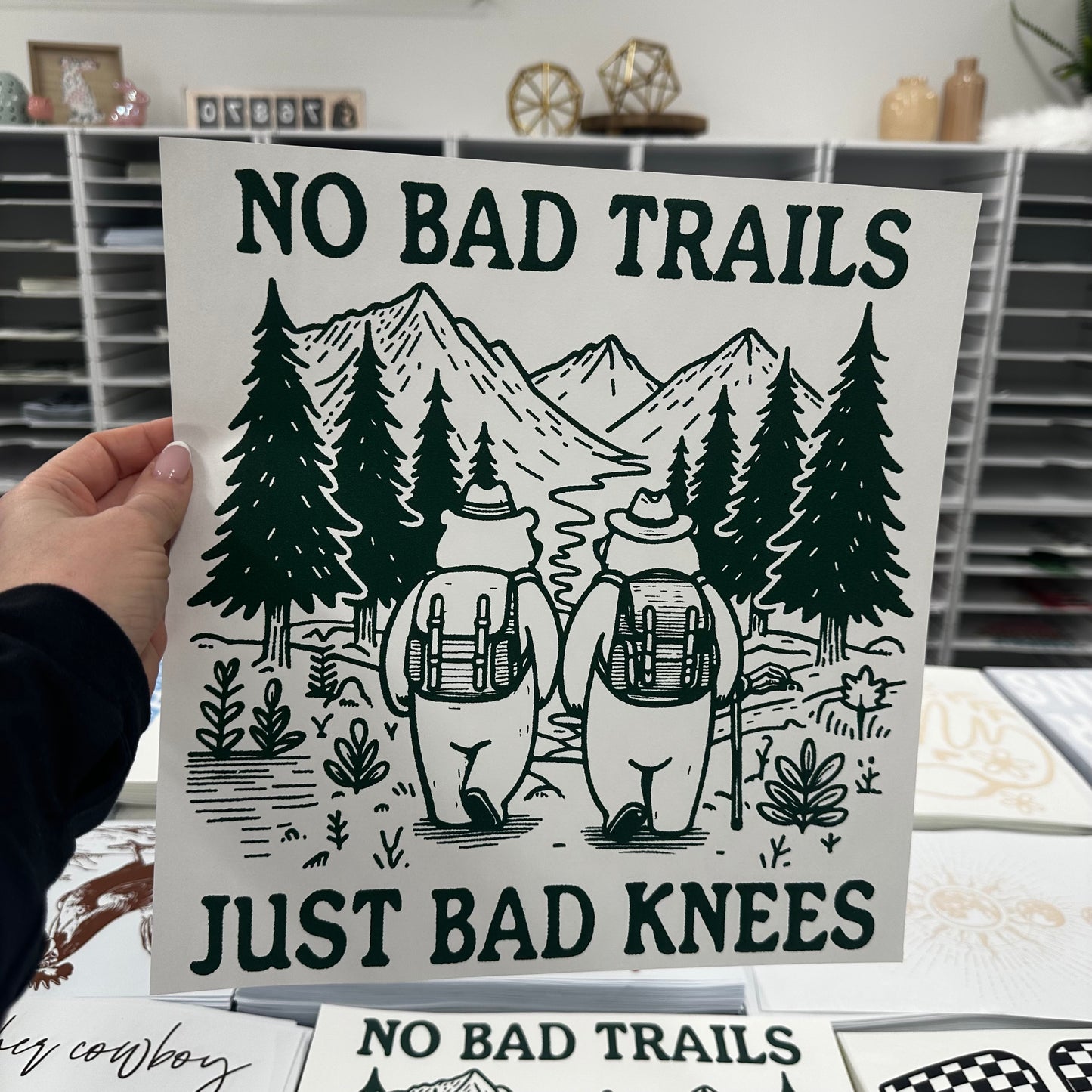 NO BAD TRAILS JUST BAD KNEES screen print transfer