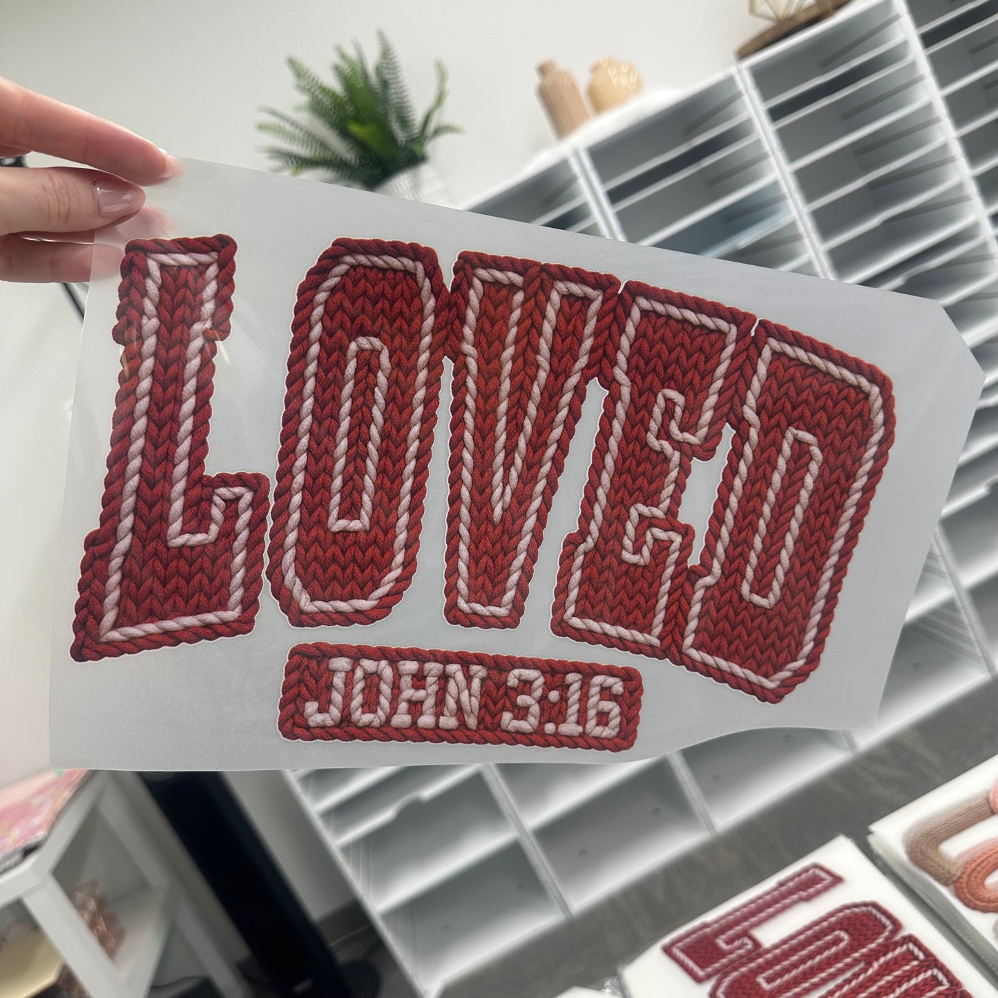 Loved faux yarn john 3:16 clear film screen print