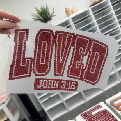Loved faux yarn john 3:16 clear film screen print