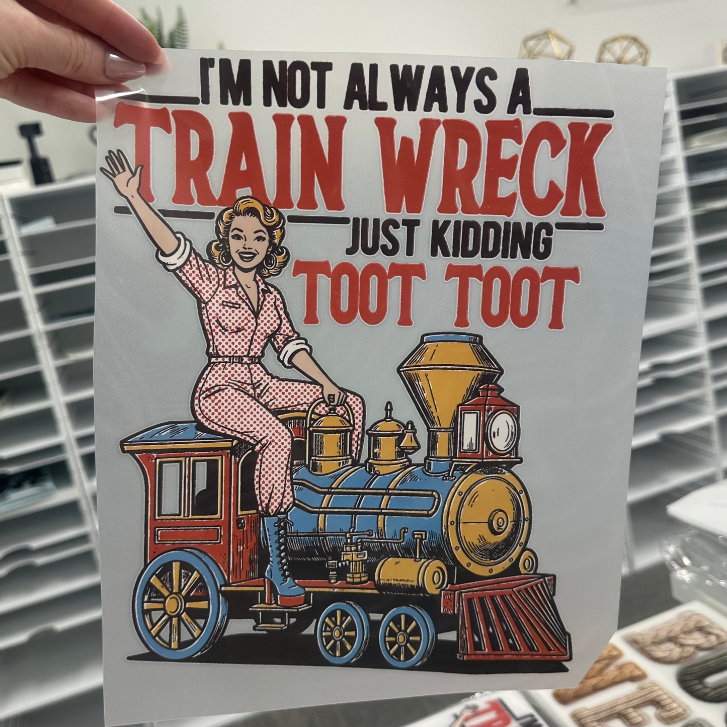 train wreck toot toot clear film screen print
