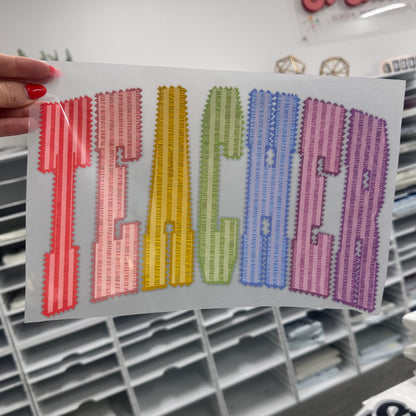 multi color TEACHER seersucker clear film screen print