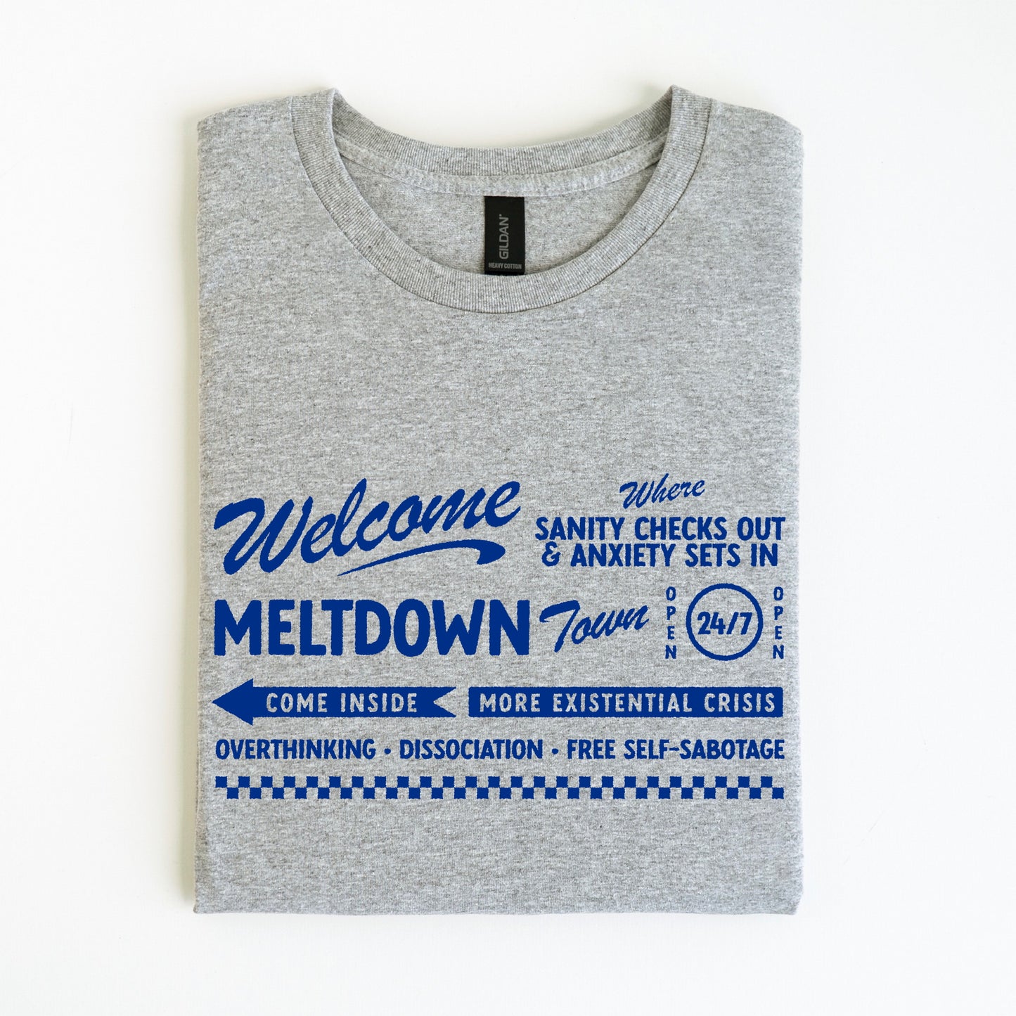 BLUE welcome to MELTDOWN TOWN screen print transfer