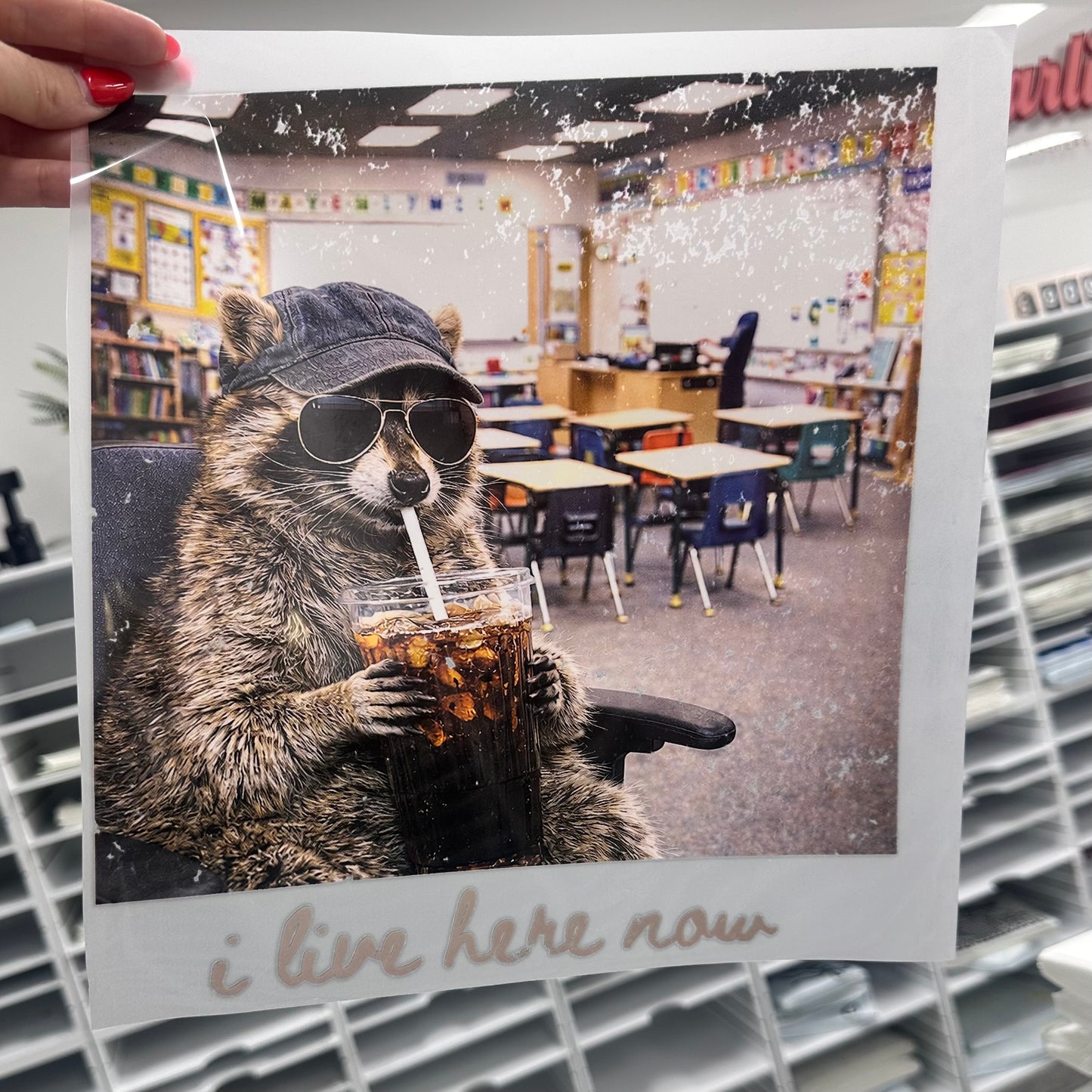 I live here now classroom raccoon clear film screen print