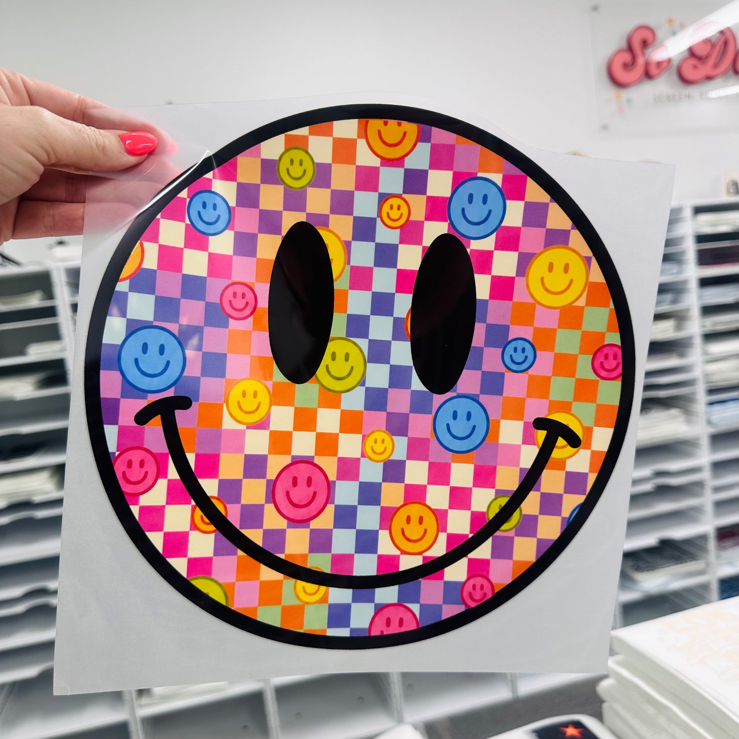 bright checker smile clear film screen print