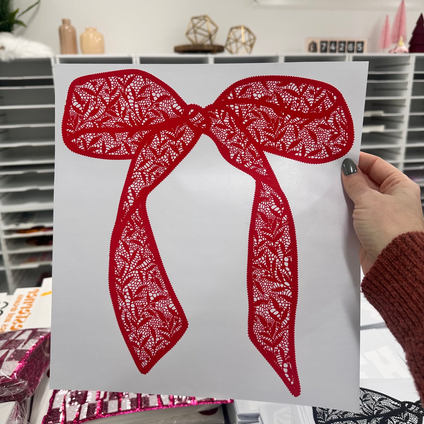 RED lace bow screen print transfer