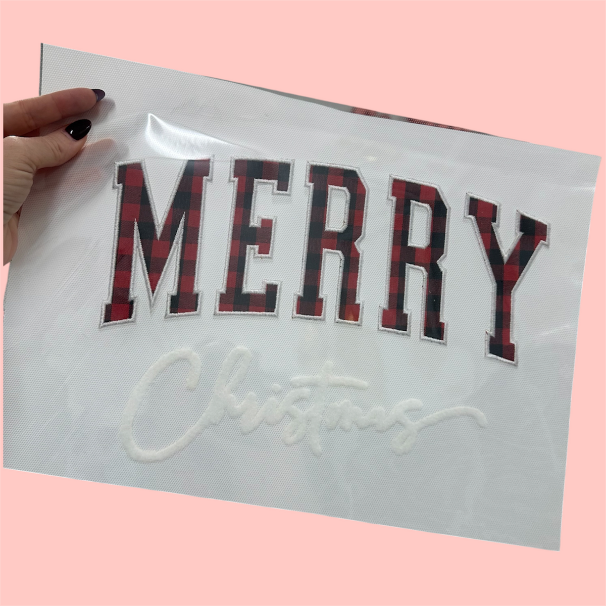 APPLIQUE Fluffy Patch - RED plaid Merry Christmas  5-10 BIZ DAY TAT PRE-ORDER