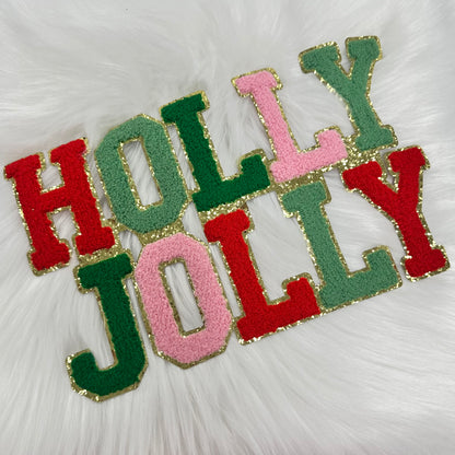 Chenille Patch - Holly Jolly red pink green