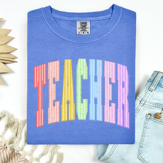multi color TEACHER seersucker clear film screen print