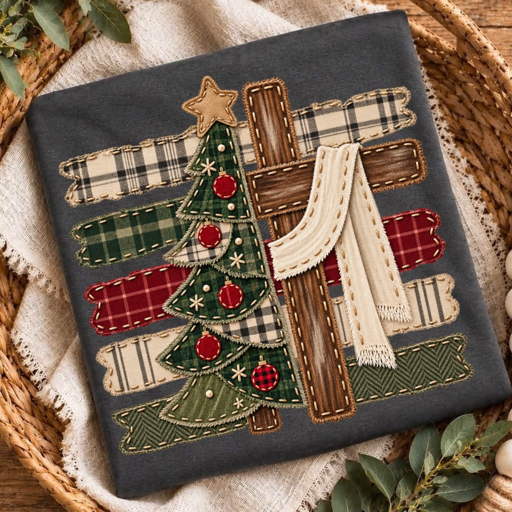 patchwork cross christmas tree clear film screen print