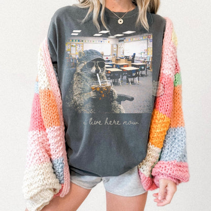 I live here now classroom raccoon clear film screen print