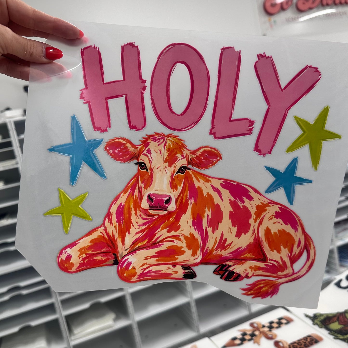 Holy Cow clear film screen print