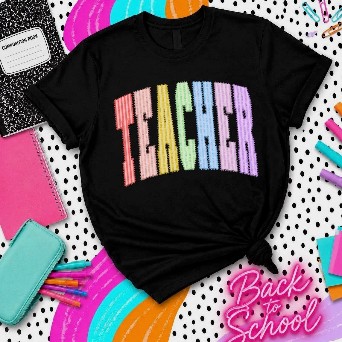 multi color TEACHER seersucker clear film screen print