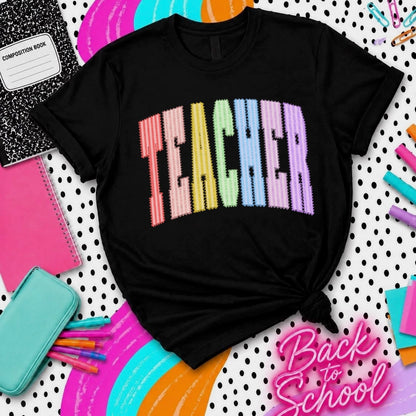 multi color TEACHER seersucker clear film screen print
