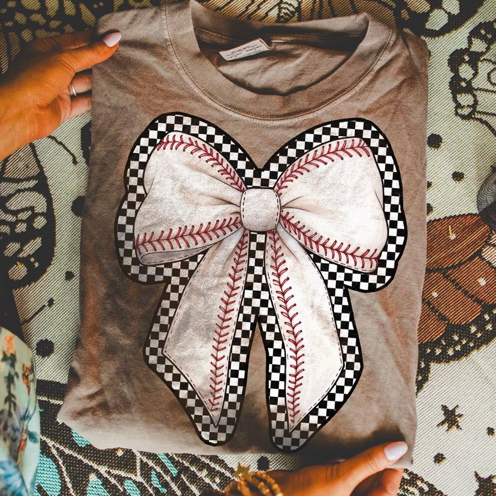 baseball checker bow clear film screen print