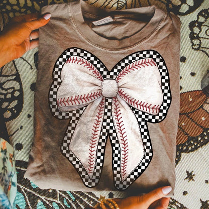 baseball checker bow clear film screen print