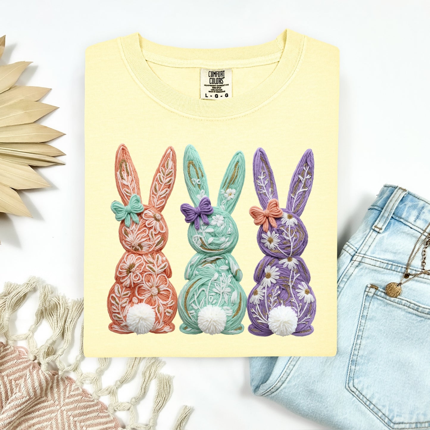faux yarn bunny trio clear film screen print