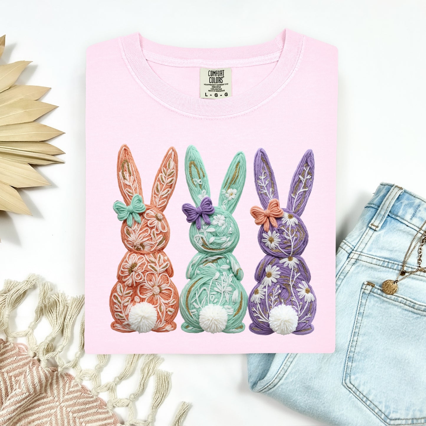 faux yarn bunny trio clear film screen print