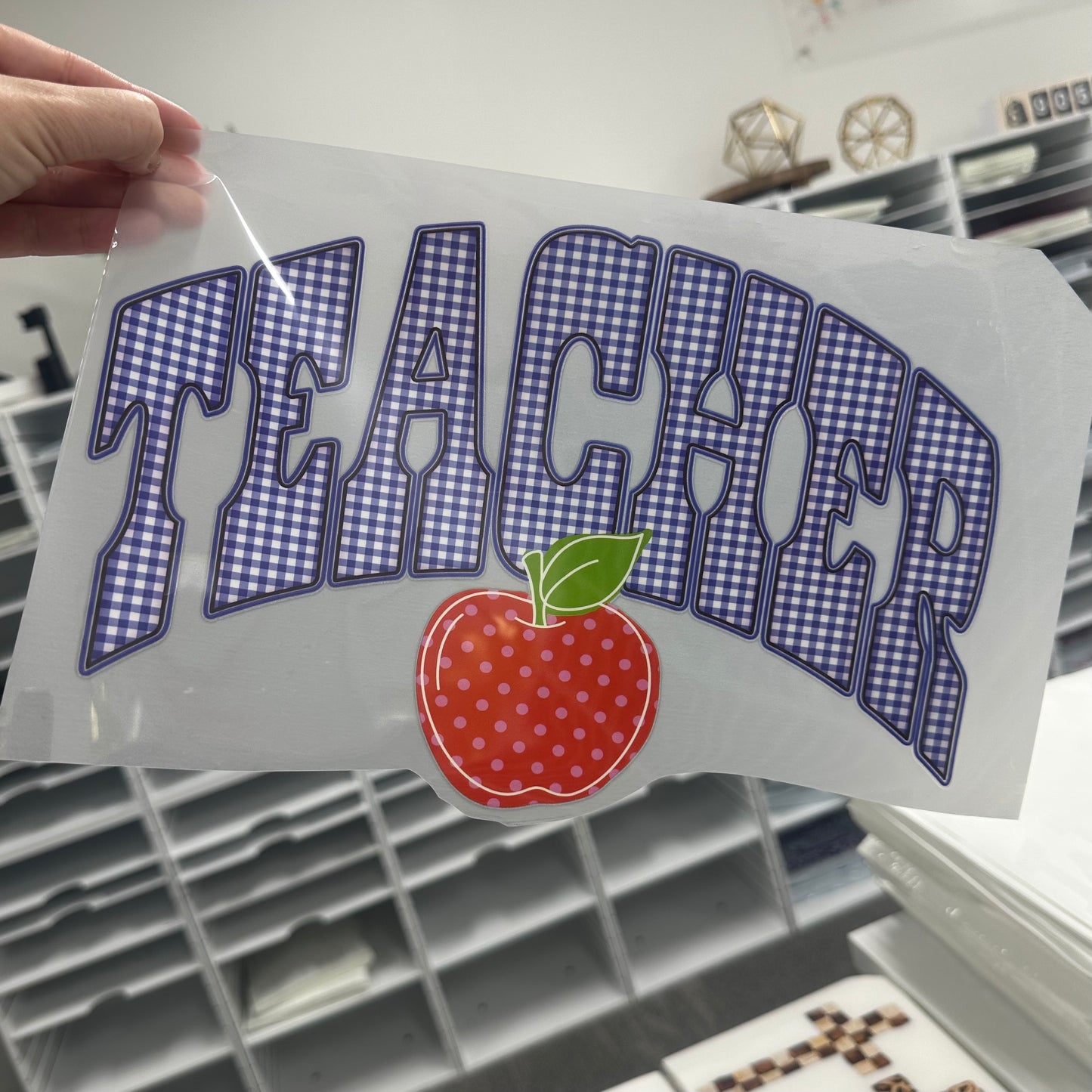 Teacher blue gingham clear film screen print