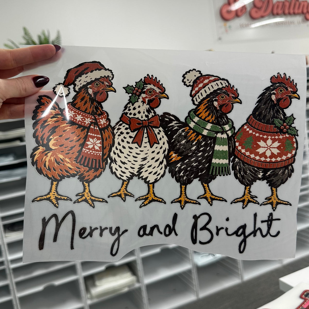 christmas roosters clear film screen print