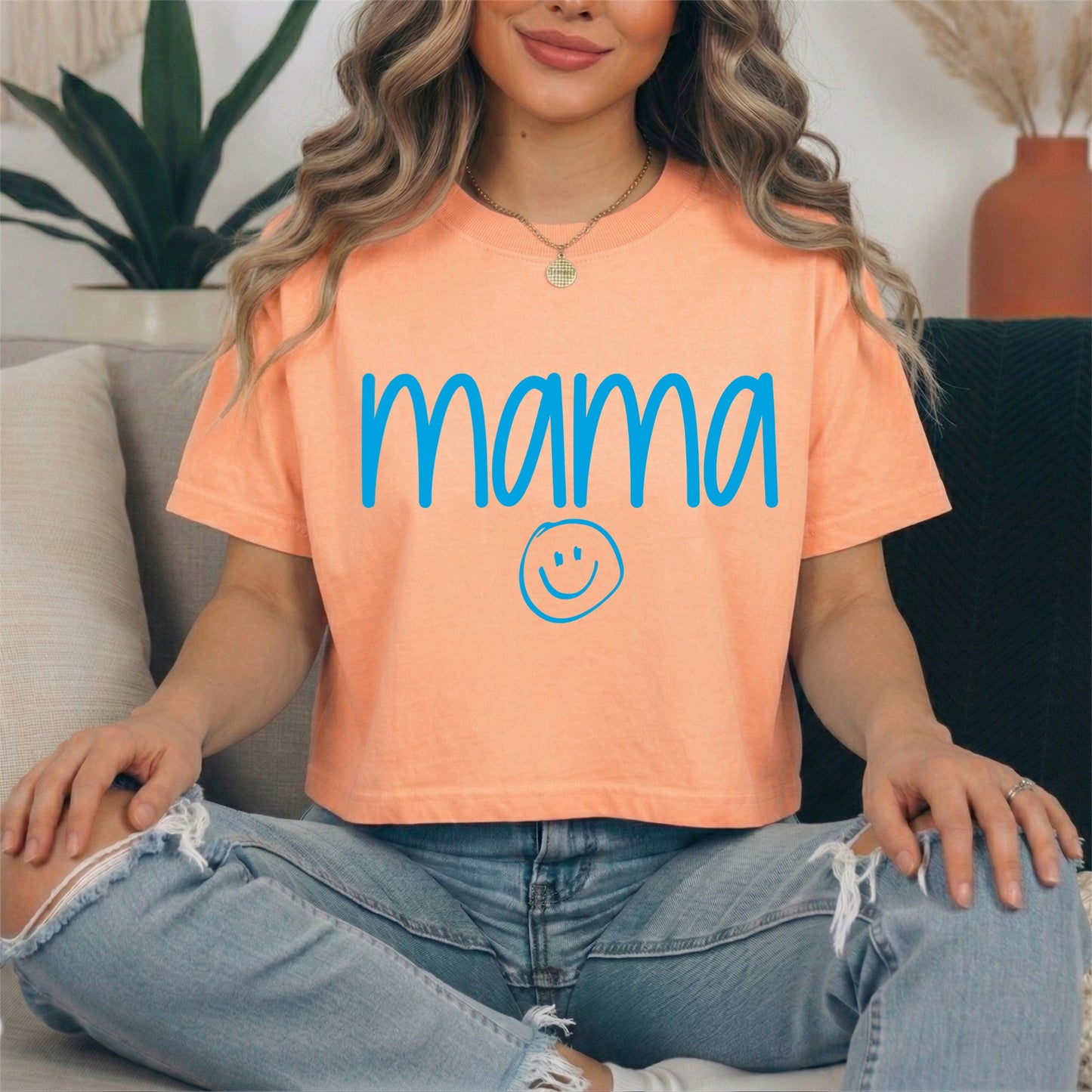 mama bright blue screen print transfer•