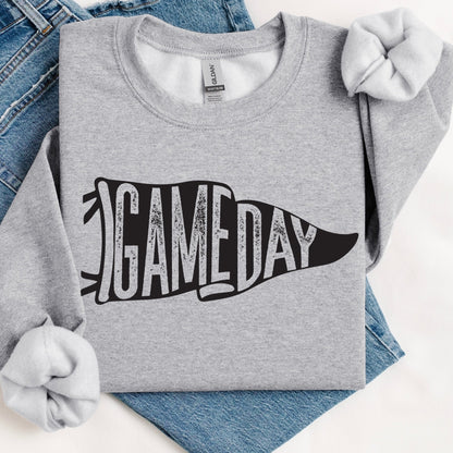 Gray sweatshirt with 'GAMEDAY' print on a white background