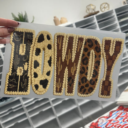 Howdy faux yarn clear film screen print