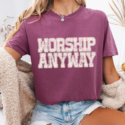 beige ink WORSHIP ANYWAY screen print transfer•