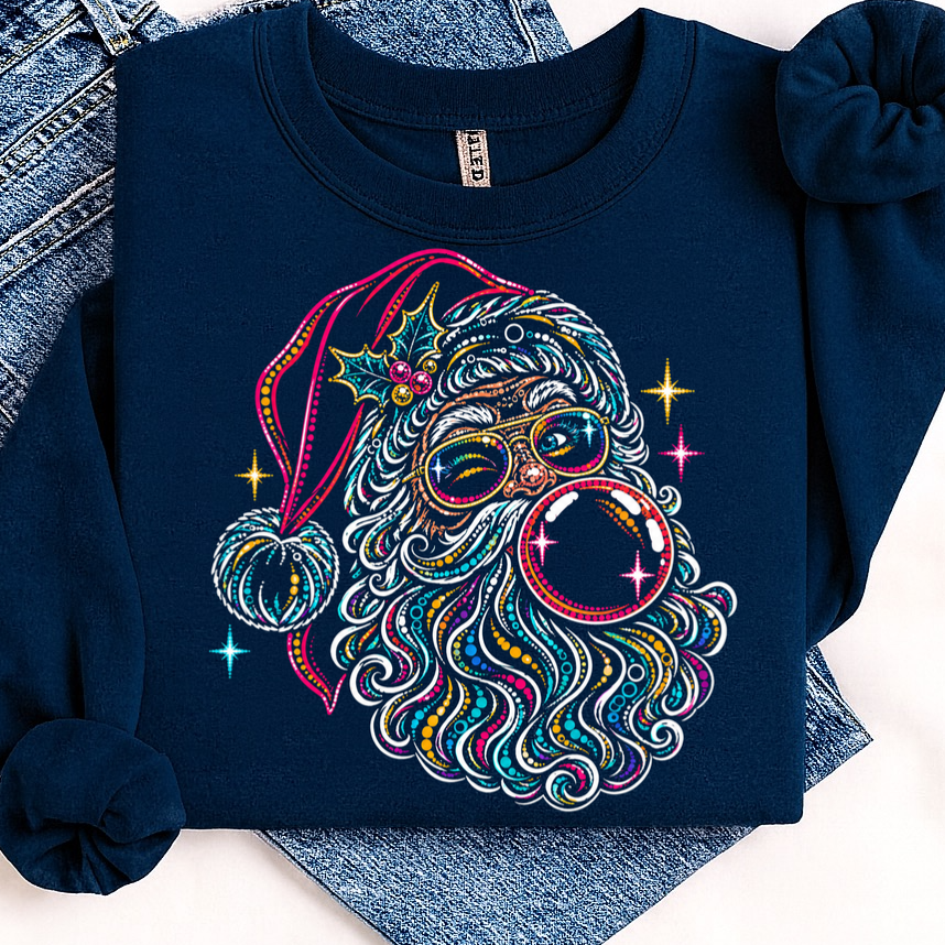 colorful santa knockout clear film screen print