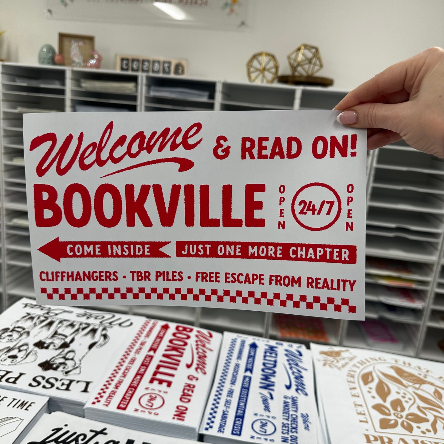 RED welcome to BOOKVILLE screen print transfer