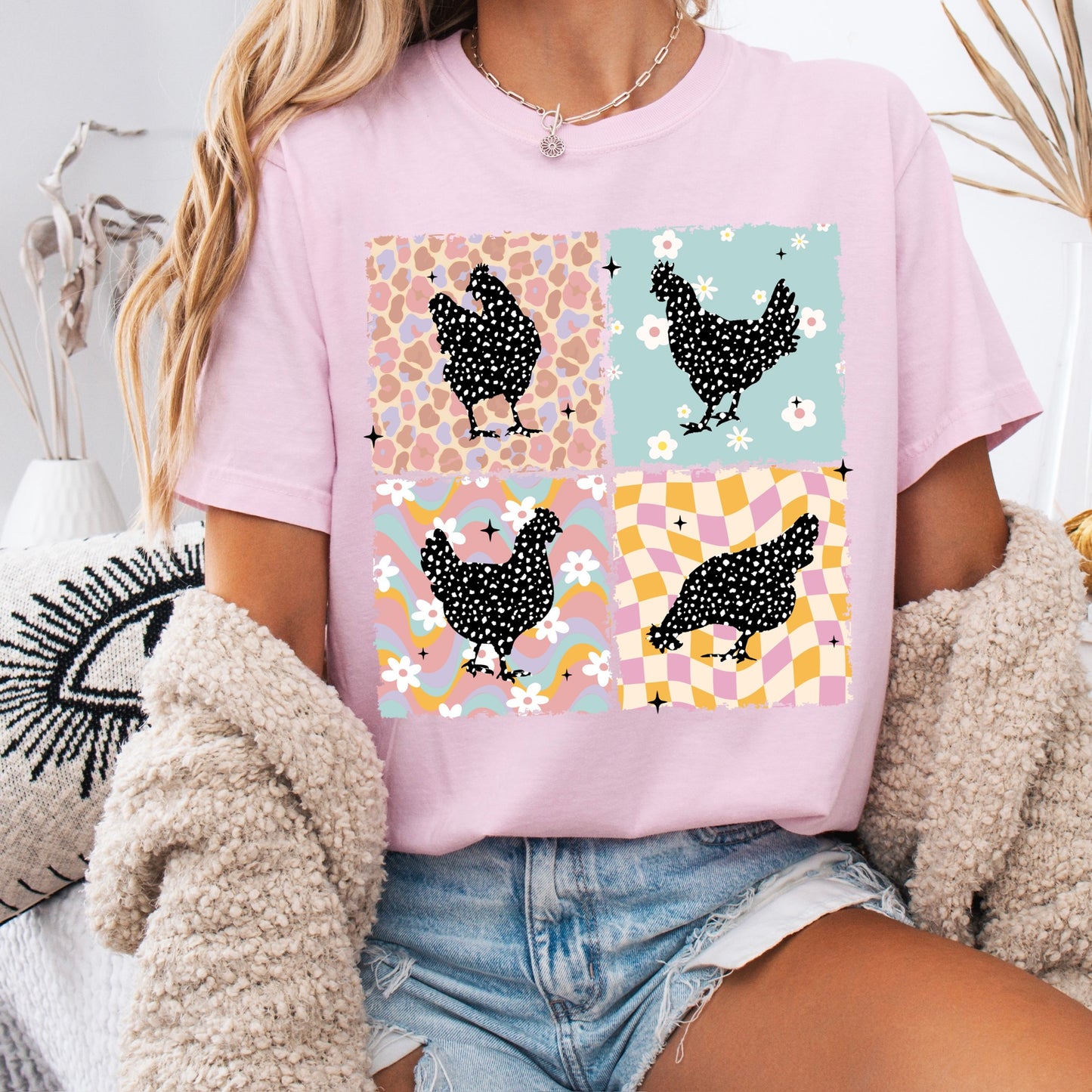 retro chickens clear film screen print