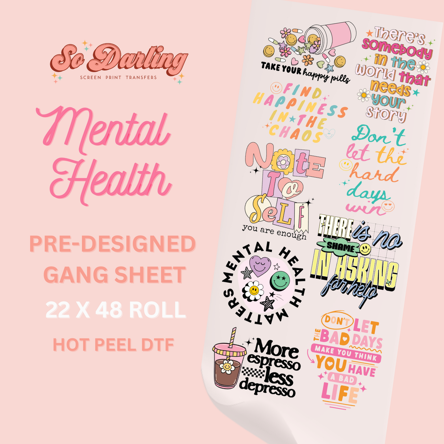 Pre-designed gang sheet with motivational phrases on a pink background, featuring the brand 'So Darling'.