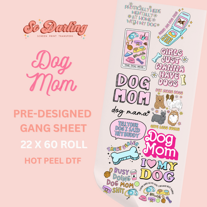 Sheet of 'Dog Mom' themed designs with text and graphics on a pink background, featuring the brand 'So Darling'.