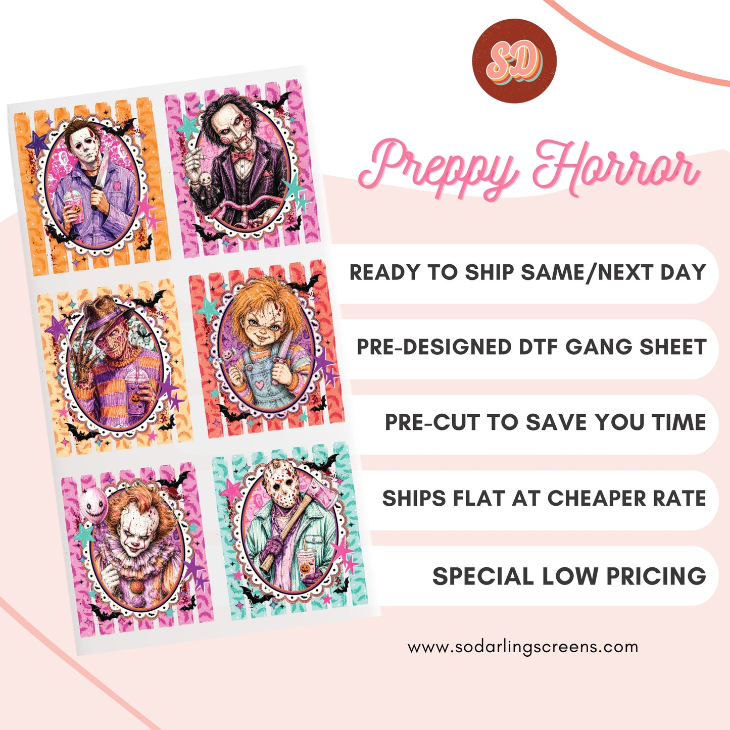 READY TO SHIP dtf PREPPY HORROR gang sheet pre-cut
