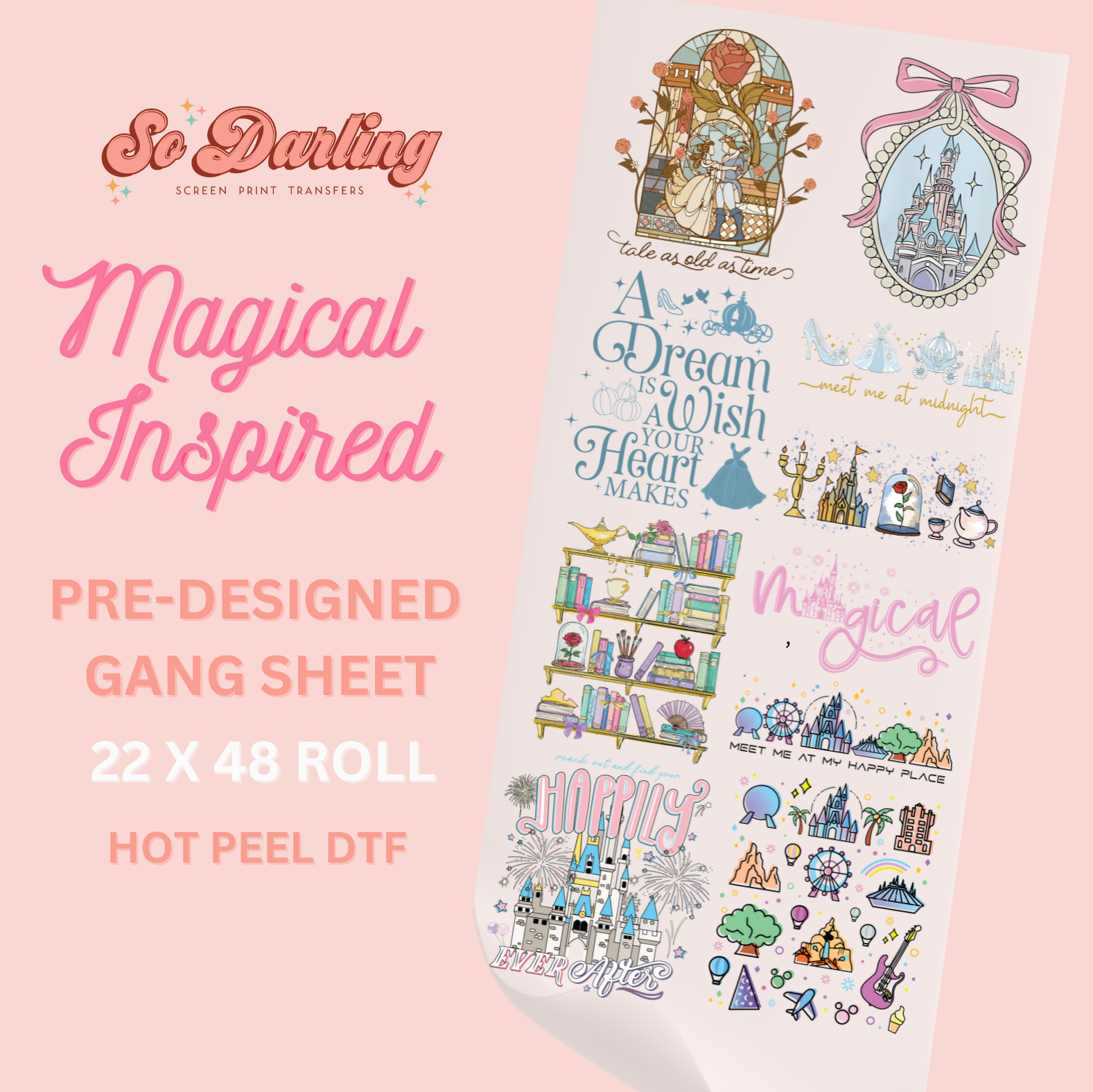 Pre-designed gang sheet with colorful graphics and text on a pink background, featuring the brand 'So Darling'.
