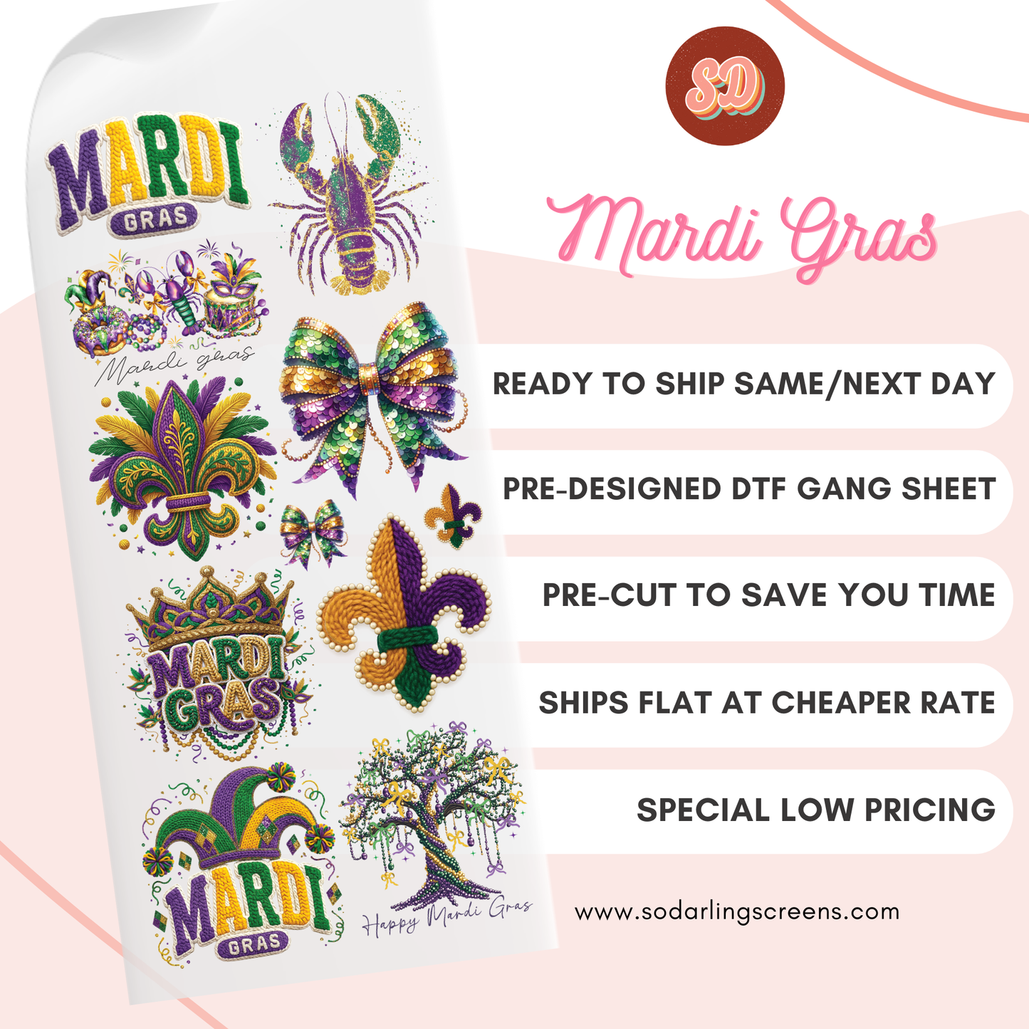 READY TO SHIP dtf MARDI GRAS gang sheet pre-cut