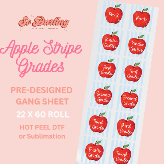 Roll of Apple Stripe Grades with red apples and grade levels on a blue and white striped background.