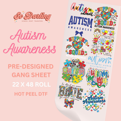 Autism awareness pre-designed gang sheet with colorful designs on a pink background