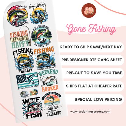 READY TO SHIP dtf GONE FISHING gang sheet pre-cut