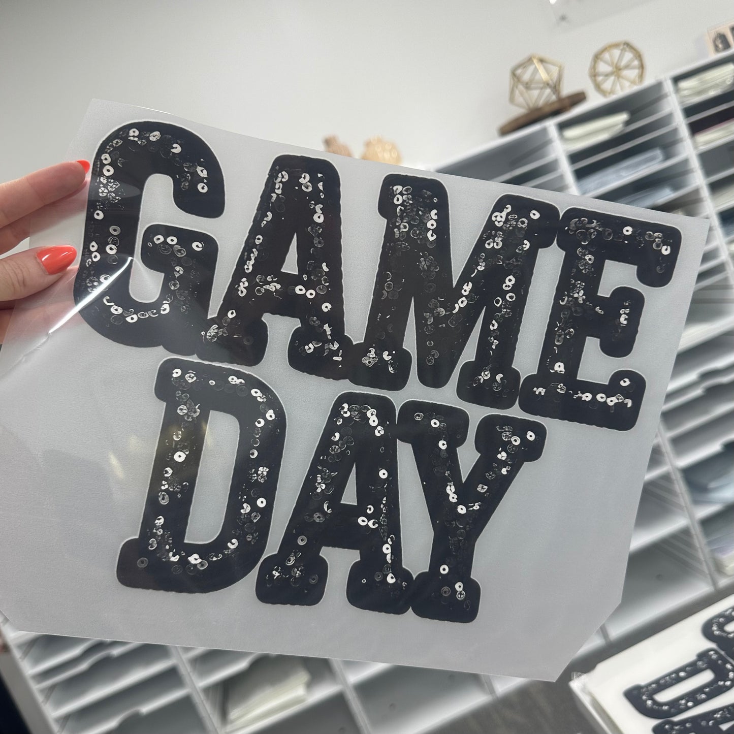 faux sequins game day clear film screen print