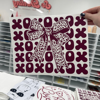 Burgundy XOXO bow screen print transfer