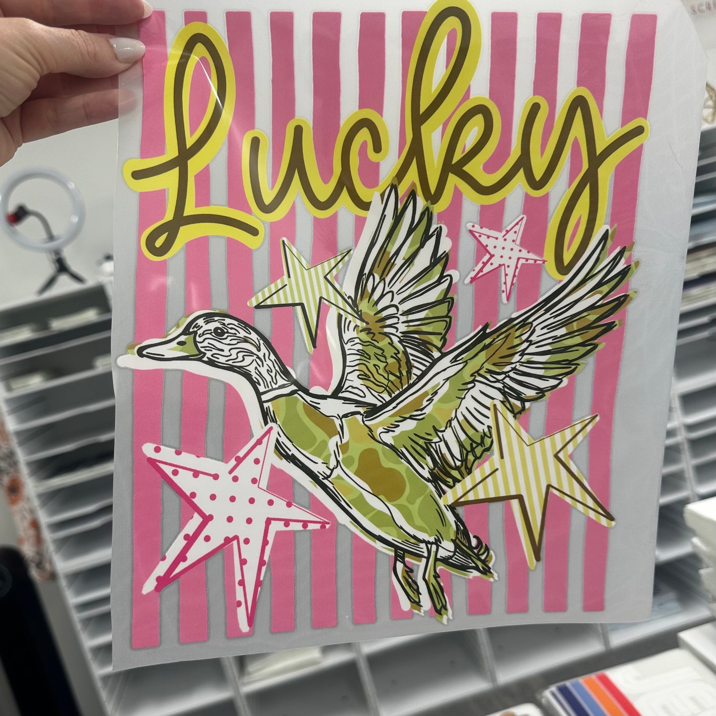 Lucky Duck clear film screen print