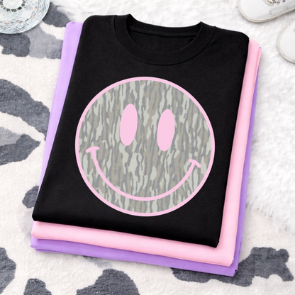 camo smile face clear film screen print