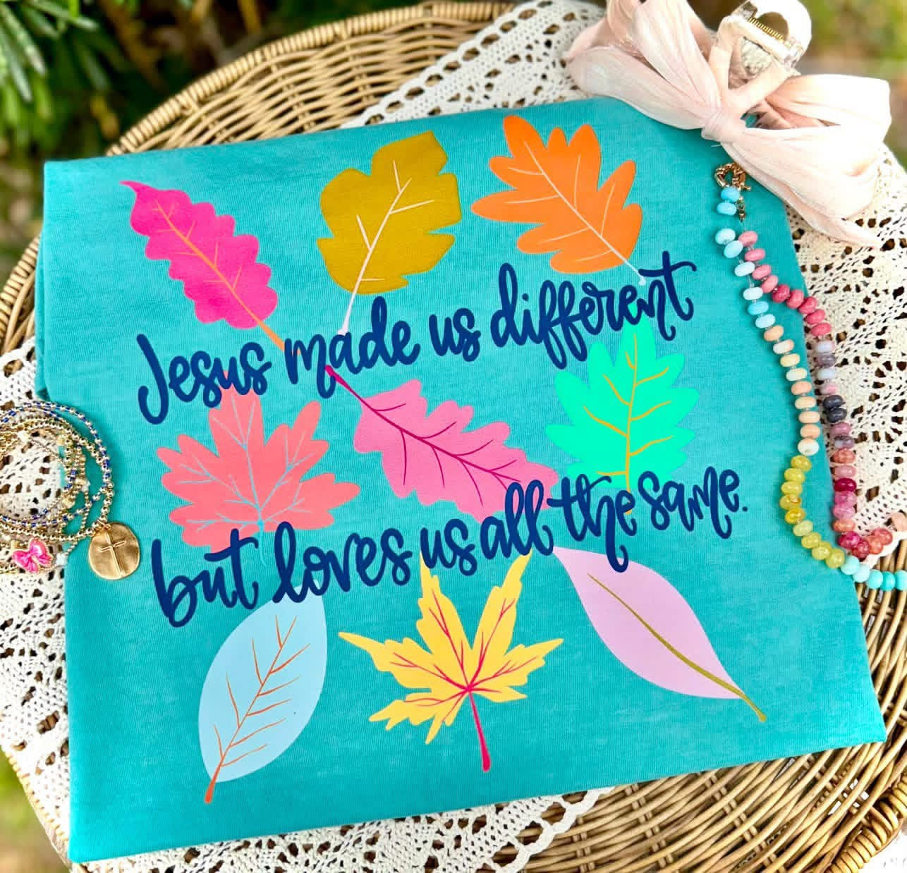 Jesus made us different leaves clear film screen print