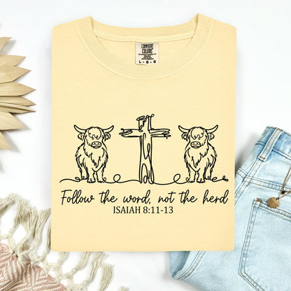 Yellow t-shirt with a graphic design and text on a white background