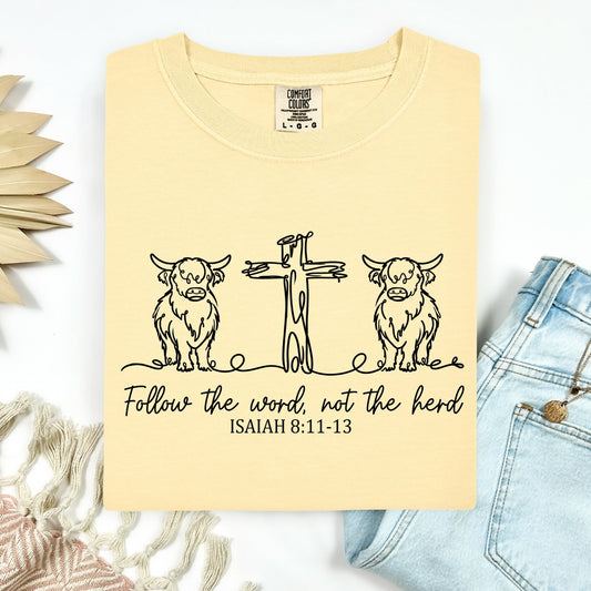 Yellow t-shirt with a graphic design and text on a white background